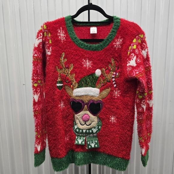 Holiday Time Plus Size XXL Reindeer Ugly Christmas Sweater Red Fuzzy Sequin - Picture 2 of 7